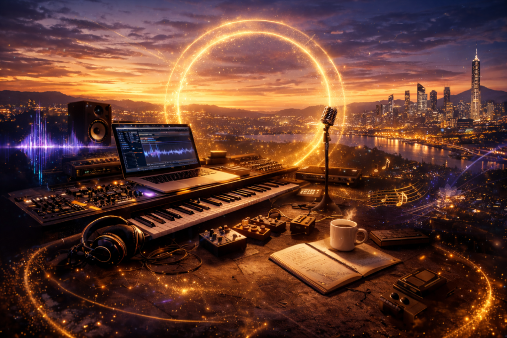 A vibrant music production scene at sunset featuring a laptop with audio editing software, a keyboard, studio monitors, headphones, a microphone on a stand, and a coffee cup beside an open notebook, set against a city skyline. Cinematic workspace of a music producer featuring a vintage microphone, open lyric notebook, and coffee. The setup includes a MIDI keyboard and laptop with audio waveforms, overlooking a golden sunset city skyline. Represents the intimate creative process of a Cinematic Hybrid Pop artist.