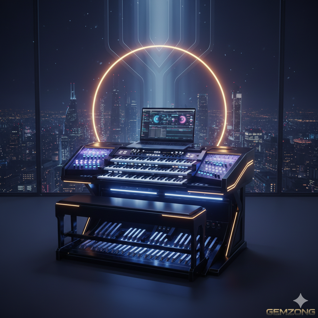 Cinematic Hybrid Pop console bridging traditional gospel organ and modern electronic music production. Features a dual-manual keyboard with a full 32-foot style organ pedalboard and digital audio workstation. The setup overlooks a midnight blue global city skyline, representing the fusion of traditional and high-energy contemporary soundscapes." Cinematic Hybrid Pop console bridging traditional gospel organ and modern electronic music production. Features a dual-manual keyboard with a full 32-foot style organ pedalboard and digital audio workstation. The setup overlooks a midnight blue global city skyline, representing the fusion of traditional and high-energy contemporary soundscapes."