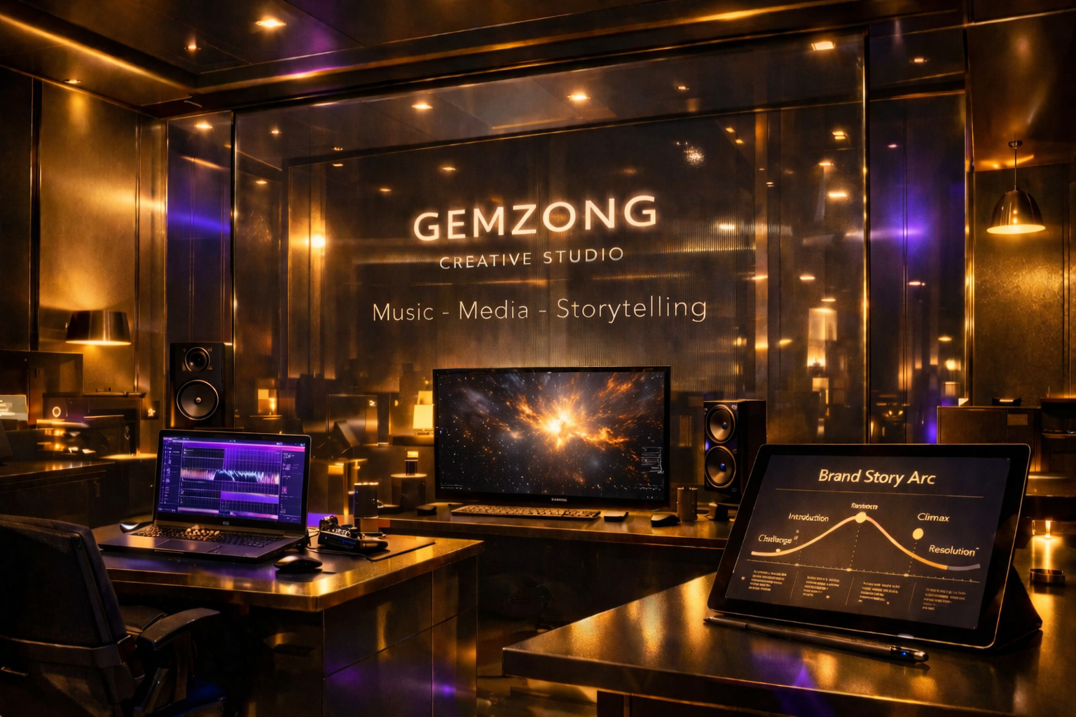 A cinematic luxury creative studio with deep gold, and purple tones, featuring the Gemzong logo on a glass wall, multiple screens for music production and brand storytelling, and a sleek modern workspace.
