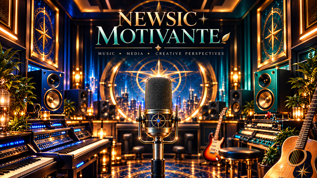 Cinematic NEWSIC MOTIVANTE recording studio in midnight blue, teal and gold, featuring a central microphone with a sapphire compass emblem. A blue GEMZONG-inspired speaker and teal MOTIVANTE speaker frame the scene, alongside keyboards, guitars and glowing compass architecture. Above, the title reads “NEWSIC MOTIVANTE — Music, Media, Creative Perspectives.”